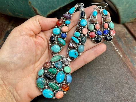 Navajo Emer Thompson Lariat Necklace Multi Gemstone W Earrings Native