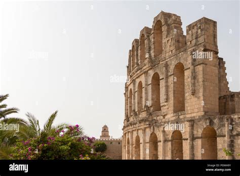 The Beautiful Amphitheatre Of El Jem And The Minaret Tunisia Africa