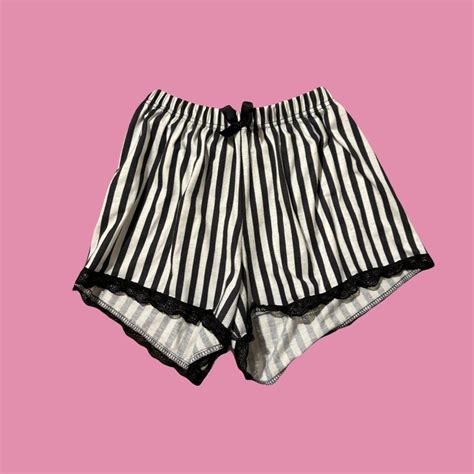 Black and white striped shorts with lace trim with... - Depop