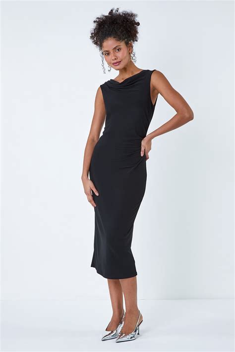 Black Ruched Cowl Neck Stretch Midi Dress Roman Uk