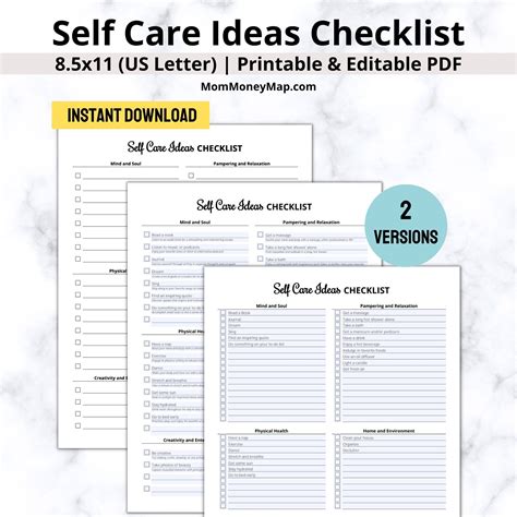 Self Care Ideas Checklist Printable Pdf Self Care And Mental Wellness