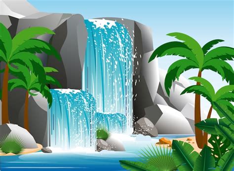 Ilustración de la hermosa cascada en el paisaje de la selva tropical