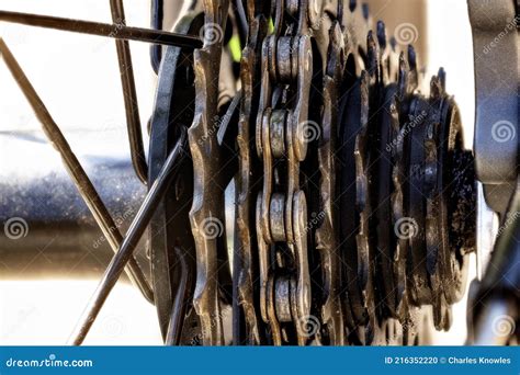 Achterste Zeven Tandwielen Van Een Fiets Met Een Ketting Stock Foto