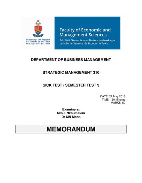 OBS 310 Sick Test Semester Test 3 MEMO 1 DEPARTMENT OF BUSINESS