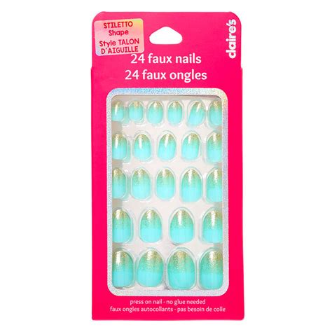 Faux Ongles Autocollants Stiletto French Manucure Décolorés à Paillettes Vert Menthe Lot De