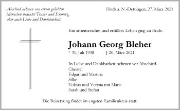 Traueranzeigen von Johann Georg Bleher Schwarzwälder Bote Trauer