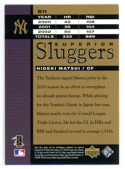 2003 Upper Deck Superior Sluggers Hideki Matsui New York Yankees S11