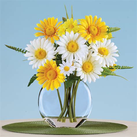 White and Yellow Daisy Centerpiece with Glass Vase | Collections Etc.