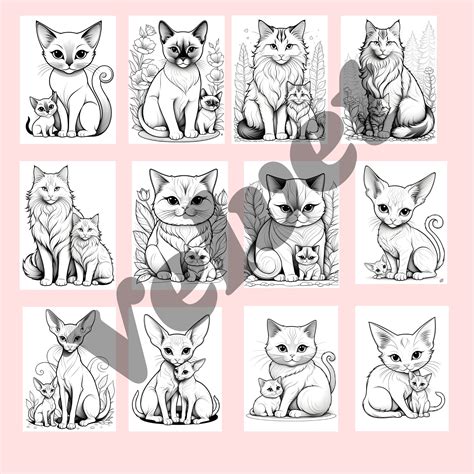 Mama Cat and Kittens Coloring Pages - Etsy