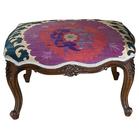 Vintage Foot Stool Upholstered With Antique Suzani Textile For Sale At