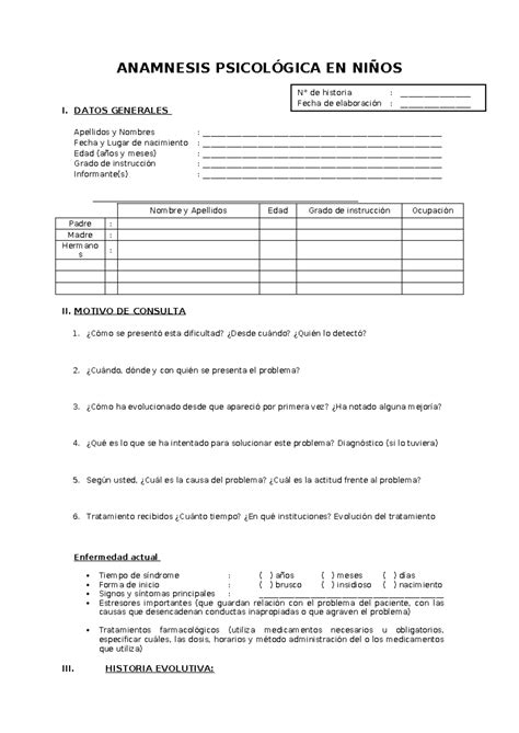 modelo de Anamnesis Psicológica Niños ANAMNESIS PSICOLÓGICA EN NIÑOS