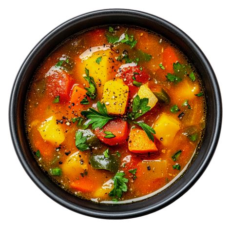 hearty vegetable soup   black bowl  herbs  png