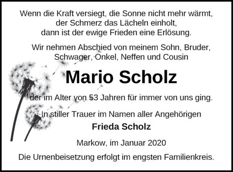 Traueranzeigen Von Mario Scholz Trauer Nordkurier