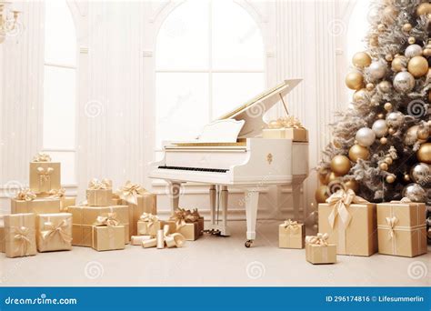 Elegant White Christmas with Golden Piano Stock Photo - Image of ...