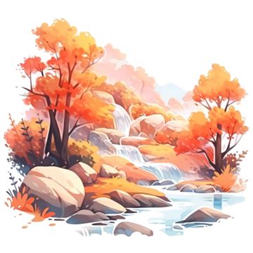 Landscape Trees Peaks Creek Hand Drawn Autumn Elements Autumn