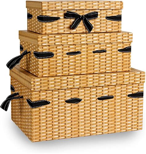 Set Of 3 Rectangular Wicker Effect Cardboard Hampers Small Medium