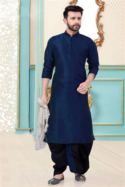 Solid Color Dupion Silk Kurta Set In Navy Blue Ucchal Fashion