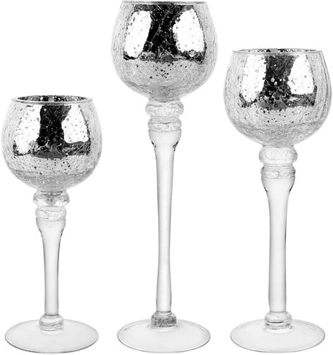 Set Of 3 Crackle Silver Glass Tealight Holders Tall And Large Bowl Candle Holder