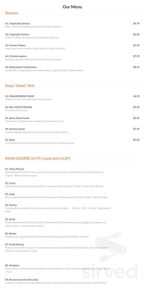 T O 5 Bollywood Grill Menu In Omaha Nebraska Usa