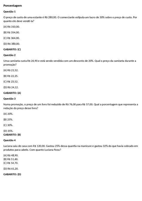 Exercícios De Porcentagem Com Respostas