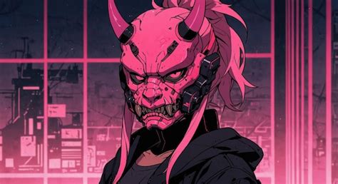 Premium Photo | Cyberpunk anime character featuring a pink oni mask