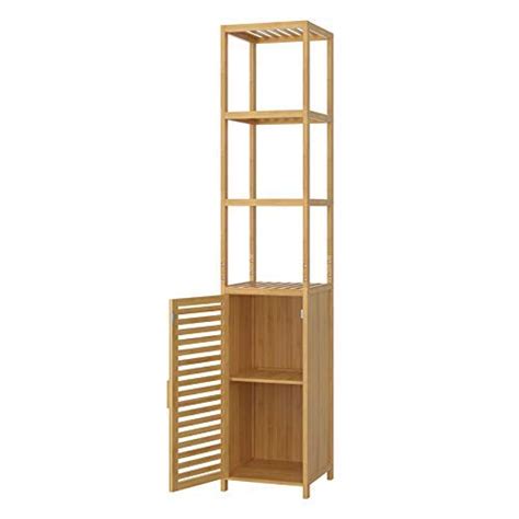 Buy Homfa Bamboo Tall Cupboard Tallboy Bathroom Cabinet Free Standing Shelves Slimline Storage