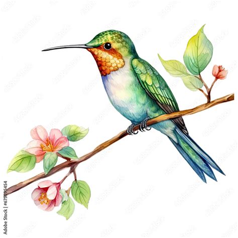 Hummingbird on a branch watercolor clipart on transparent background ...