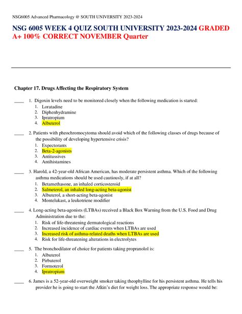 Nsg Week Quiz South University Graded A Correct