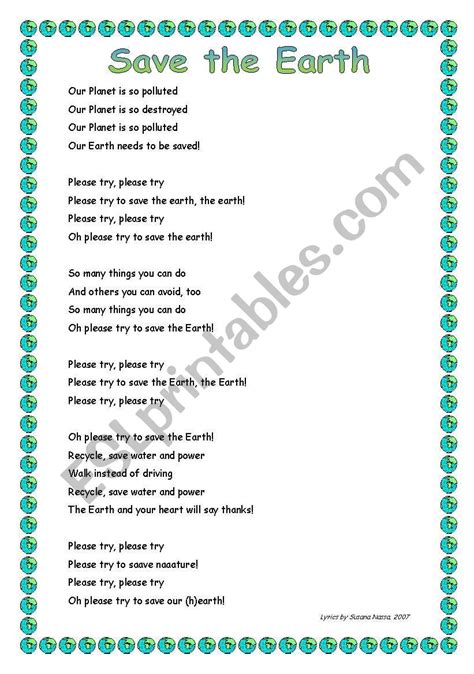 Save the Earth song - ESL worksheet by susaninha