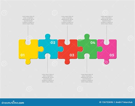 Five Pieces Jigsaw Puzzle Square Line Infographic Stock Vector