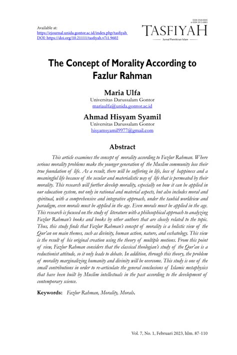 PDF The Concept Of Morality According To Fazlur Rahman