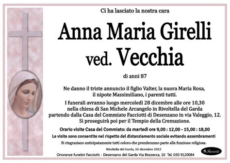 Anna Maria Girelli Ved Vecchia Onoranze Funebri Facciotti