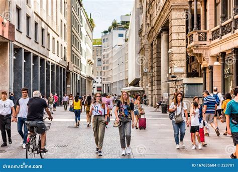 Typical Street View In The Shopping Area In The Downtown Of Milan City