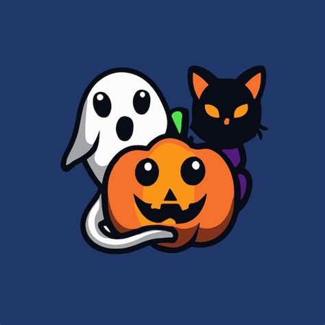 Lindo Fantasma De Halloween Con Calabaza Malvada Y Gato Negro