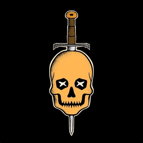 Premium Vector Skull With Sword Art Illustration Hand Drawn Style