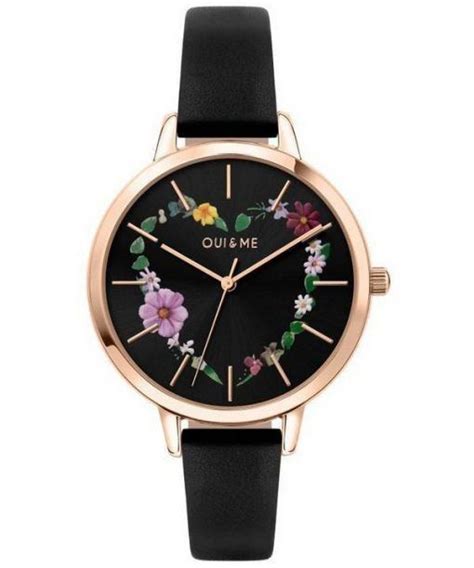 Montre Femme Oui Me Grande Fleurette Cadran Noir Bracelet Cuir