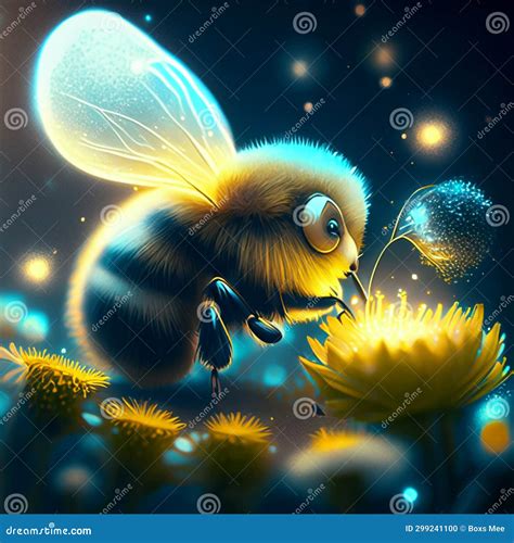 Illustration Of A Bee Pollinating A Flower On A Dark Background