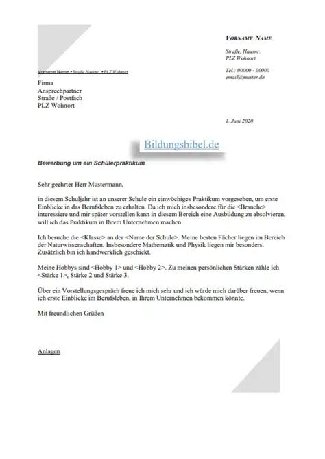 Bewerbung Praktikum Schüler Vorlage Word PDF Muster 2023 kostenlos