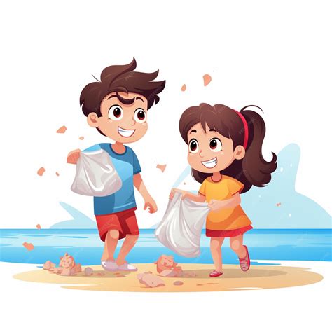 Premium Vector | Boy and girl are picking the trash in the beach