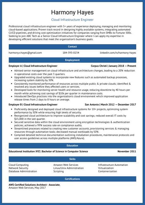 Cloud Infrastructure Engineer Resume Cv Example And Writing Guide