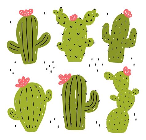 Premium Vector Set Of Cute Cacti Isolated On White Background Hand Drawn Flat Illustration