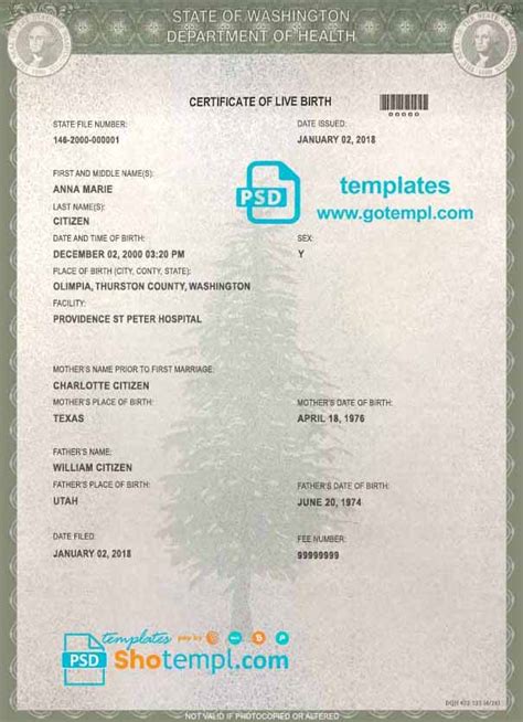 Usa Washington State Birth Certificate Fake Template In Psd Format Fully Editable