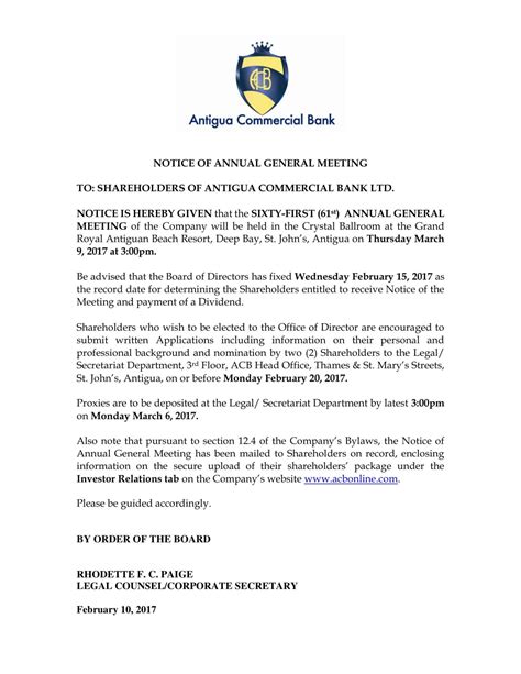 Agm Notices Acb Caribbean