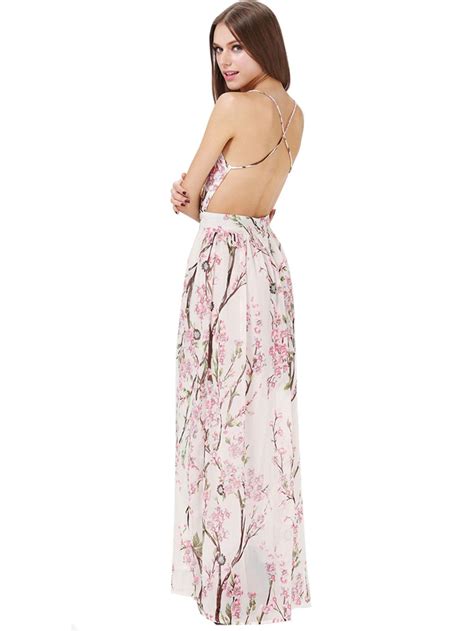 Shop Hibiscus Florals V Neck Spaghetti Straps Backless Maxi Dress