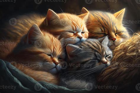 A Group Of Cats All Snuggled Up Together Sleeping In A Pile Or