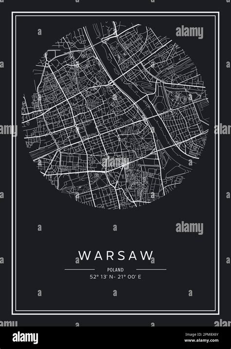 Mapa imprimible en blanco y negro de la ciudad de Varsovia diseño de