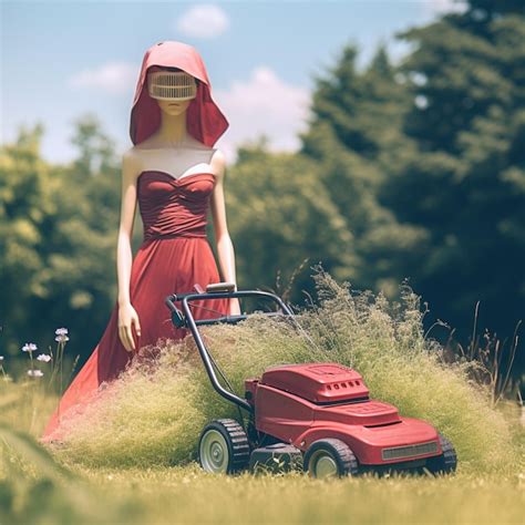 Premium Ai Image Woman Mowing Grass Using An Electric Lawn Mower Summer Garden Care Ai Generative