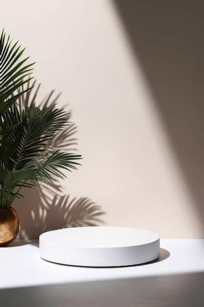 Premium AI Image Round White Podium In Sunlight Tropical Palm Leaf