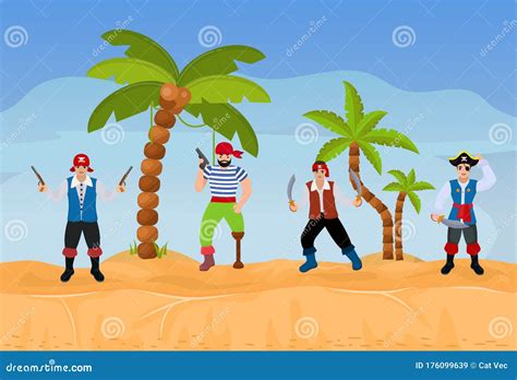 Pirates On Desert Island Vector Illustration Funny Cartoon Characters