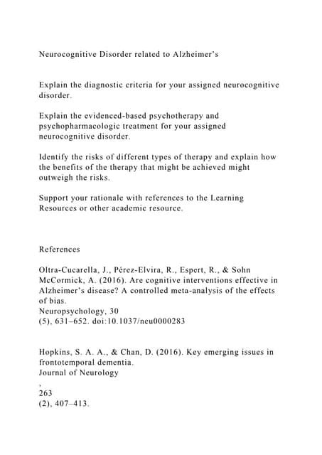 Neurocognitive Disorder Related To Alzheimersexplain The Diagdocx